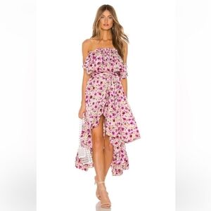 MISA Los Angeles Sabella Strapless Cascading Ruffle Dress Floral Tie Waist
